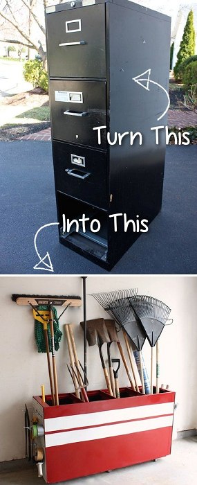 Turn your file cabinet into a rake storage