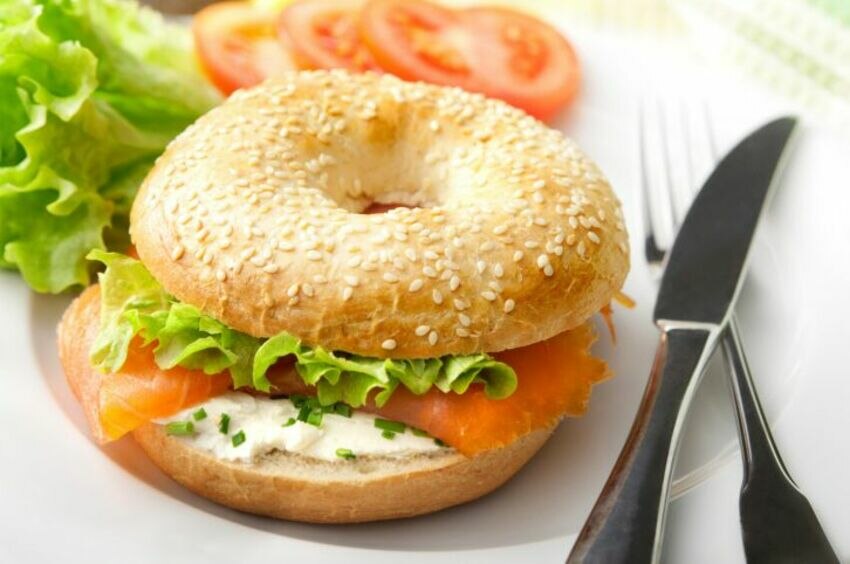 Bagel with smoked salmon and scrambled eggs