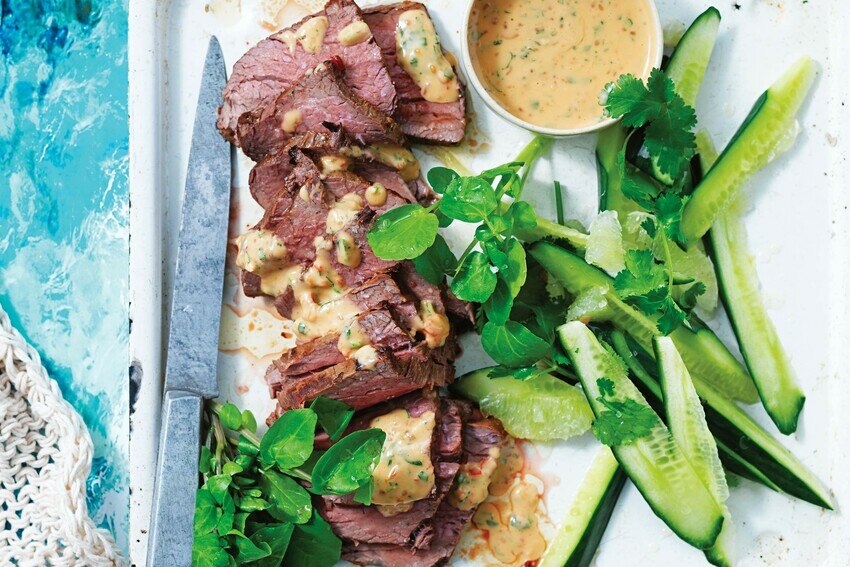 Satay beef fillet with watercress and cucumber 