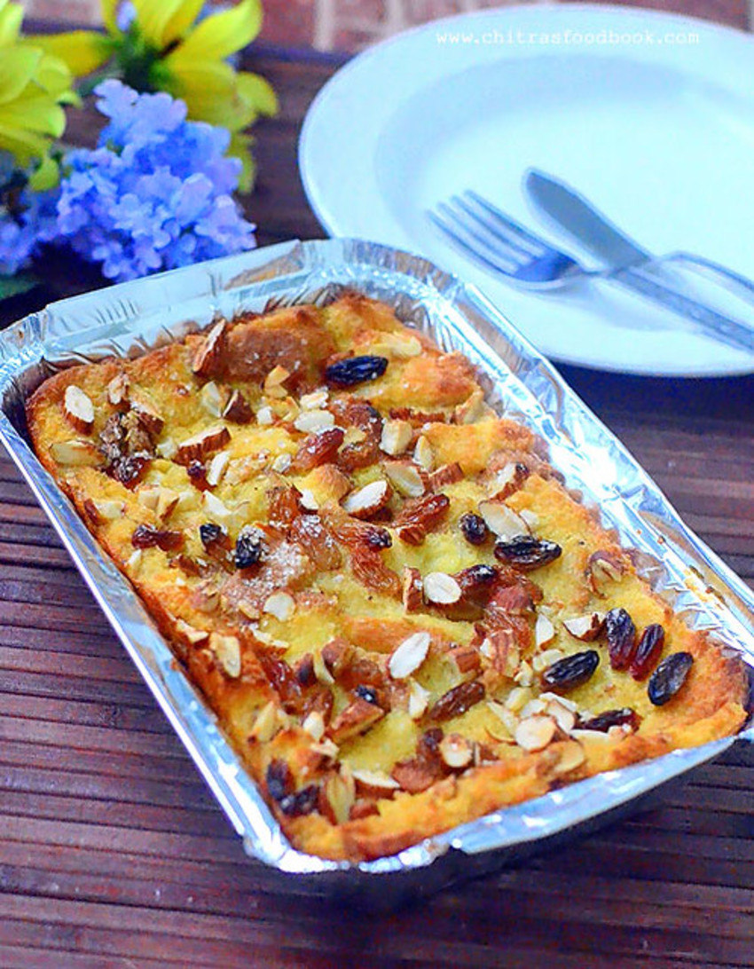 Eggless baked bread pudding